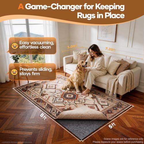 Veken Non Slip Cushioned Rug Pad Gripper, Felt and Silicone Backing, 5 x 8 Ft, 1/8 inch Thick Carpet Liner Protector Mat for Area Rugs and Hardwood Floors, with Over 99 Pcs Anti-Slip Strips Pattern - Image 2