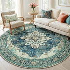 RELEANY Washable Area Rug, Round 6ft, Blue/Vintage Dark Blue by RELEANY