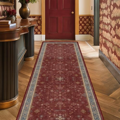 Boho 2x7 Long Runners for Kitchen Floor - Washable Non Slip Indoor Floor Mats for Entryway, Hallway, Dark Red Floral Low Pile & Soft Runner Area Rug for Bedroom Beside Bed by HazoHaus