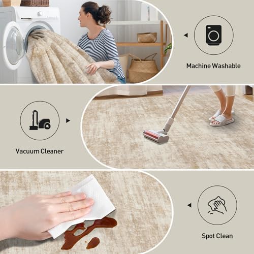 5x7 Area Rugs for Living Room: Washable Abstract Beige Bedroom Carpet - Image 4