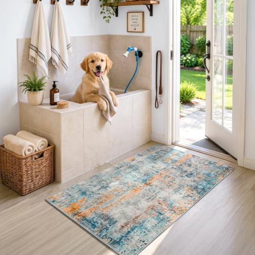 Entrance Rugs Indoor 2x4 Blue Entry Rug Washable Abstract Black Small Area Rug Non-Slip Low Pile Throw Rugs for Entryway, Kitchen Floor, Front Door Indoor Door Mat, Bathroom, Bedroom Bedside - Image 4