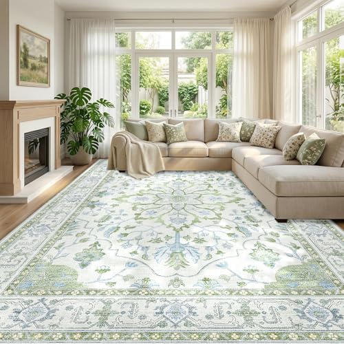 RELEANY Washable Area Rug, Large 9'x12', Green/White/Blue by RELEANY