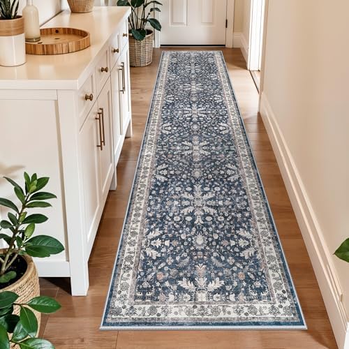 Washable Hallway Runner Rug 2x10: Non Slip Vintage Boho Carpet with Rubber Backing for Kitchen Entryway Hall Holiday Farmhouse Neutral Cream Long Runners (Blue,2'x10') by BYYVOORugsforYourHome