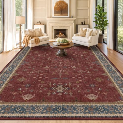Hazo Haus Oriental 9x12 Soft Rugs for Living Room - Dark Red Rugs for Bedroom Aesthetic, Dining Room Under Kitchen Table, Washable Soft Non Slip Large Area Vintage Décor by HazoHaus