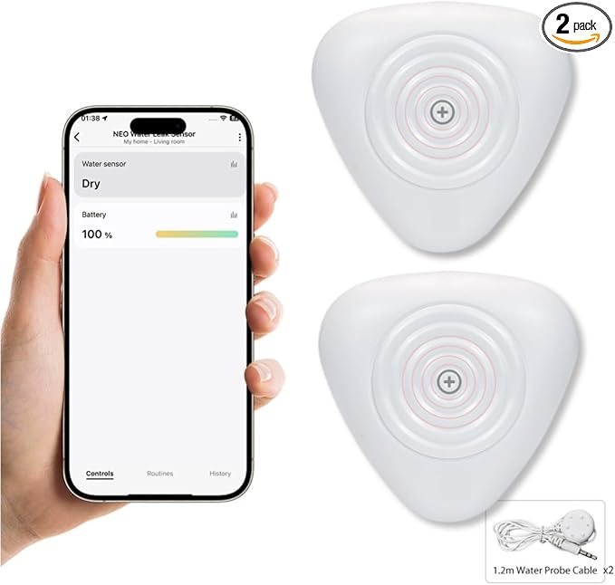 NEO Zigbee Water Sensor, Smart Water Leak Detector for Home, Requires Zigbee Hub, Compatible with SmartThings and Home Assistant (ZHA & Z2M) (2 Pack, Piece, 2)