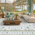 Hazo Haus Blue and Green Living Room Rug 7x10 - Cream Oushak Vintage Boho Floral Farmhouse, Washable Low Pile Non-Slip Extra Large Area Rugs for Bedroom, Kids, Lounge by HazoHaus