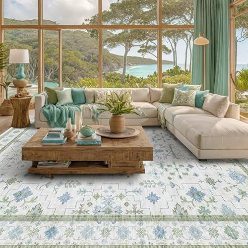 Hazo Haus Blue and Green Living Room Rug 7x10 - Cream Oushak Vintage Boho Floral Farmhouse, Washable Low Pile Non-Slip Extra Large Area Rugs for Bedroom, Kids, Lounge by HazoHaus