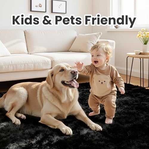 5x7 Fluffy Shag Area Rugs for Living Room Bedroom: Soft Plush Carpet Black - Image 3