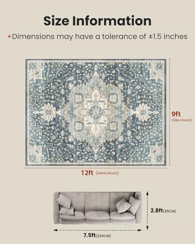 Amada Large 9x12 Washable Area Rug for Living Room, Blue/Yellow, Vintage - Image 2