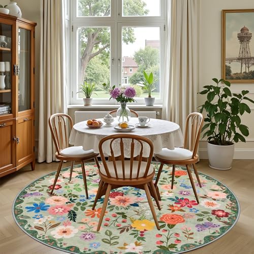 PLHXFR Round Area Rug Living Room: 4 ft Floral Washable Soft Carpet Green - Image 4