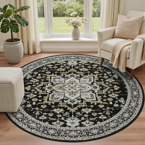 Round Area Rug for Living Room: 6ft Boho Washable Rug Black Gold - Image 2