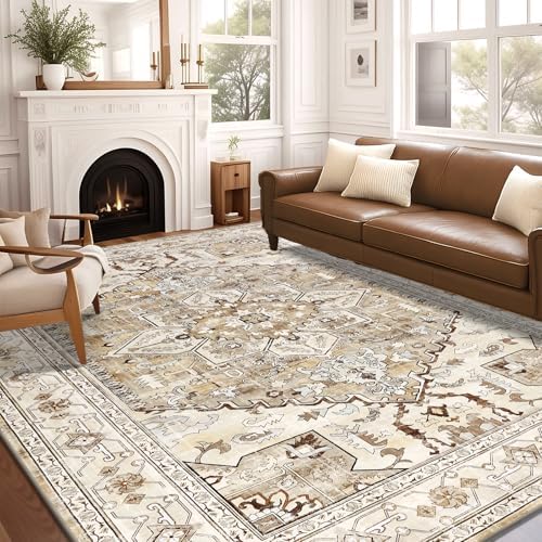 Yamaziot Area Rug 8x10, Non-Slip Washable Boho Vintage Living Room Bedroom Rug with Rubber Backing, Low Pile Faux Wool Soft Distressed Rug Floor Carpet for Living Room, Bedroom by Yamaziot