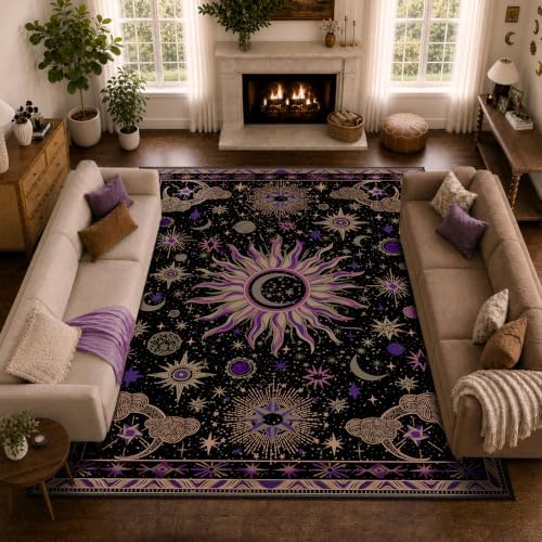 Vacuum-Friendly, 10x12 Washable Area Rug, Black Purple Beige by meejou