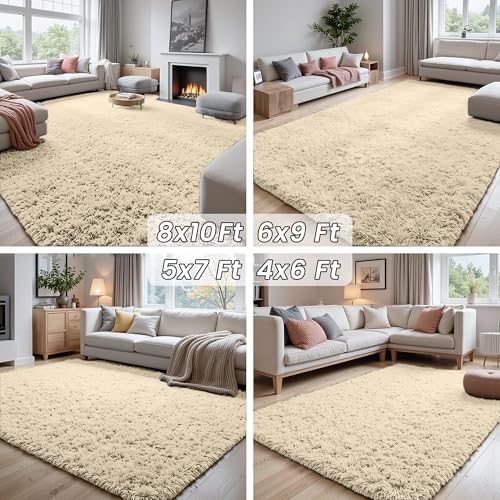 5x8 Fluffy Shag Area Rugs for Living Room Bedroom: Soft Plush Carpet Beige - Image 7
