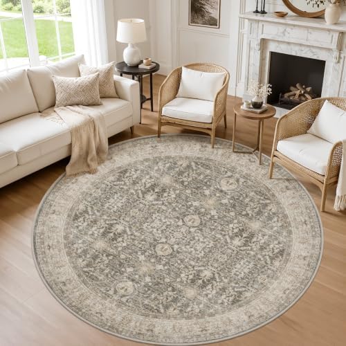 Round Area Rug Living Room: 6ft Neutral Washable Carpet Warm Taupe by Luxturiy