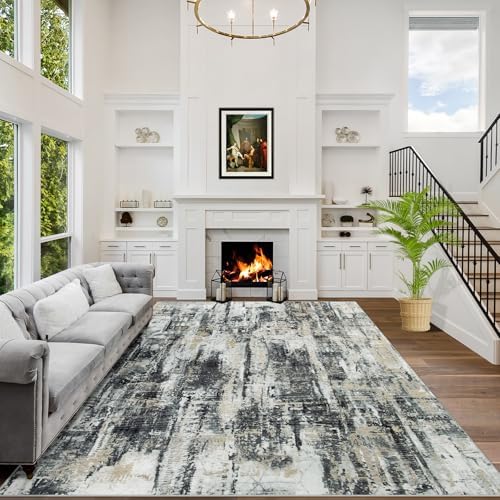 5x7 Area Rugs for Living Room: Washable Abstract Black Grey Gold Carpet by GENTDRIZZ