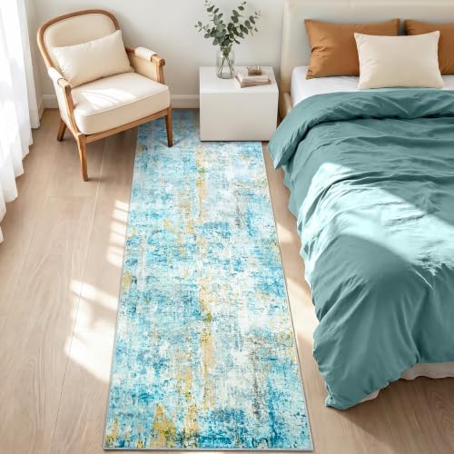 3x8 Teal Blue Rug Runners for Hallways Kitchen Runner Rug Non Slip Washable Black Long Runner Rugs with Rubber Backing Soft Abstract Carpet Runner for Bedroom, Kitchen, Bathroom, Entryway - Image 4