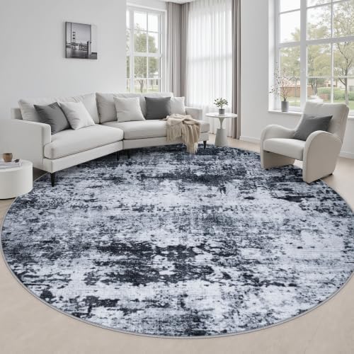 Round Area Rug Living Room: 6 ft Modern Washable Carpet Black by FXRHLP