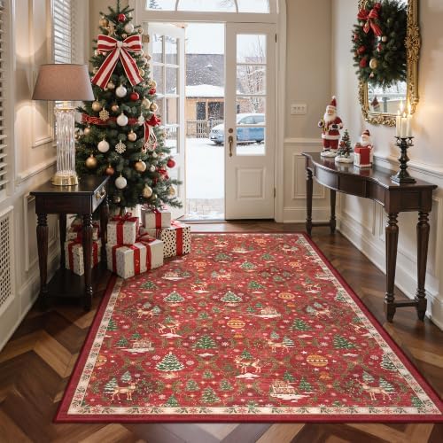 Madane Washable Christmas Area Rugs 4x6, Red Non-Slip Low-Pile Accent Rug - Image 4