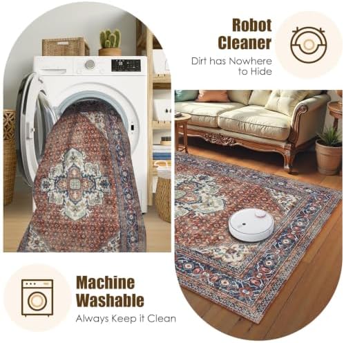 Washable Area Rug 8' x 10' Vintage Traditional Persian Mat - Foldable Distressed Non-Slip Machine Washable Carpet for Living Room Bedroom Kitchen Home Decor - Terracotta and Navy - Image 7