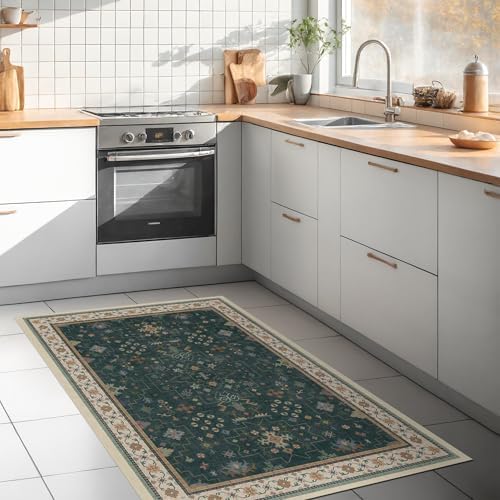 Dark Green Oushak 3x6 Kitchen Rug - Modern Vintage Boho Floral Moody, Washable Low Pile Non-Slip Area Rugs for Large Entryway, Door Mat Indoor Entrance, Kitchen, Bedroom Beside Bed by HazoHaus