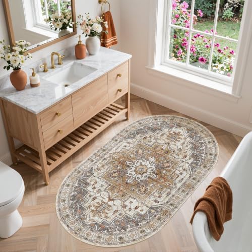 Madane Washable Oval Rug 3x5 for Entryway Small Area Rugs, Turmeric/Grey - Image 4