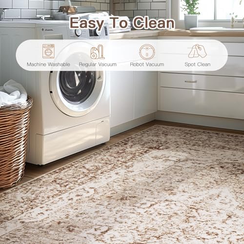 Lofus 2x8 Runner Rug for Hallways, Washable Kitchen Rugs, Non-Slip Rugs for Entryway and Bedroom, Vintage Boho Carpet, Soft Low Pile Long Runner Area Rug, Vintage Beige Brown - Image 5