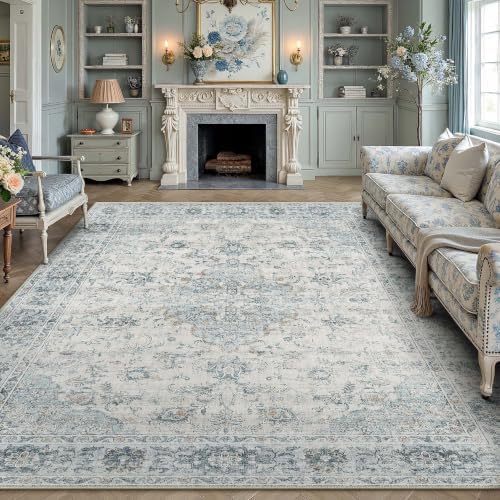 HUGEAR 8x10 Light Blue Retro Floral Washable Area Rug for Living Room by HUGEAR