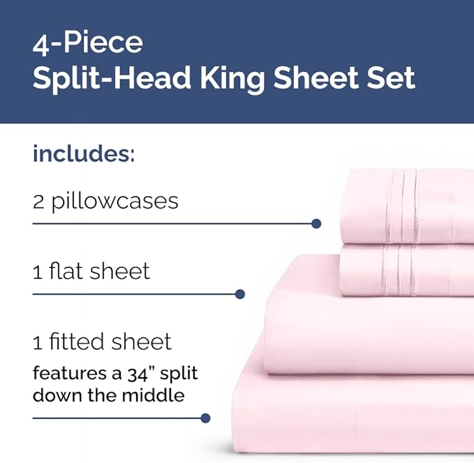 Split Head King Sheet Set – 4 Piece Flex Split Top King Sheets for Adjustable Beds - Fits 14” to 16" Mattress w/ Deep Pockets - Breathable & Cooling - Luxury Bedding and Wrinkle Free - Lavender Pink