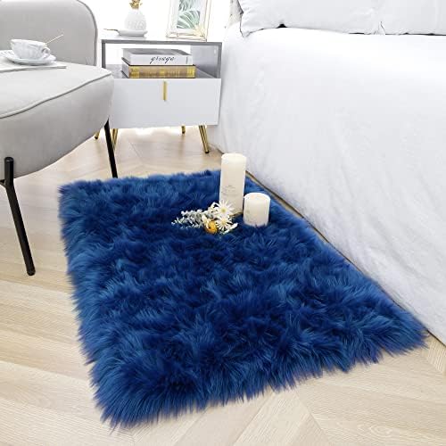 2x3 Navy Blue Faux Fur Area Rug Fluffy Soft Washable for Entryway Bedroom by ModernHomeDecor