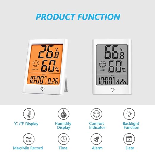 Timloon Digital Indoor Thermometer for Room, Smart Temperature Humidity Monitor with Backlight, Comfort Indicator, Max/Min Record, Time, Calendar, Alarm, °c/°f Switch for Bedroom, School