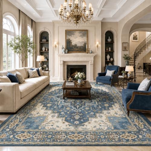 Amada Vintage Washable Area Rug,9'x12',Navy Blue/Beige - Image 2