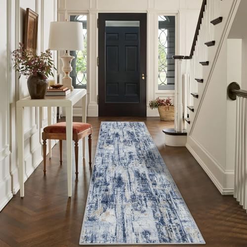 2'6''x8' Runner Rugs Washable Rug: Modern Abstract Hallway Blue Gold Carpet - Image 4