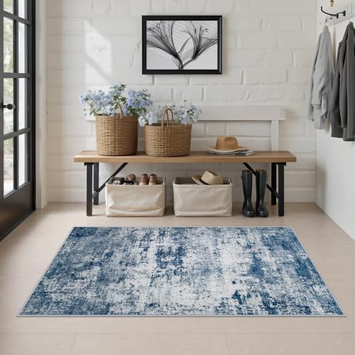 Area Rug Living Room: 3x5 Modern Washable Indoor Soft Carpet Blue - Image 3