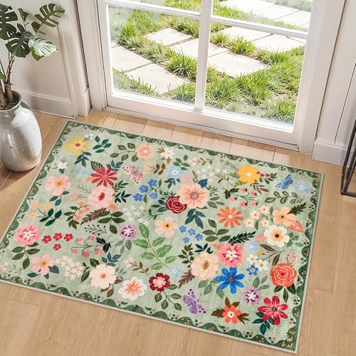 PLHXFR 2x3 Small Entryway Rug: Floral Washable Indoor Soft Carpet Green by PLHXFRSoftAreaRugs