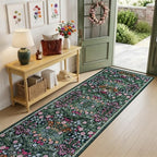 PLHXFR 2.6x10 Washable Runner Rug：Floral Indoor Kitchen Carpet Dark Green - Image 2