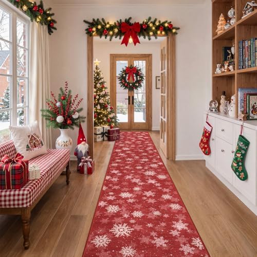 2x12 Christmas Runner Rug for Hallway,Washable Kitchen Rugs,Red - Image 3