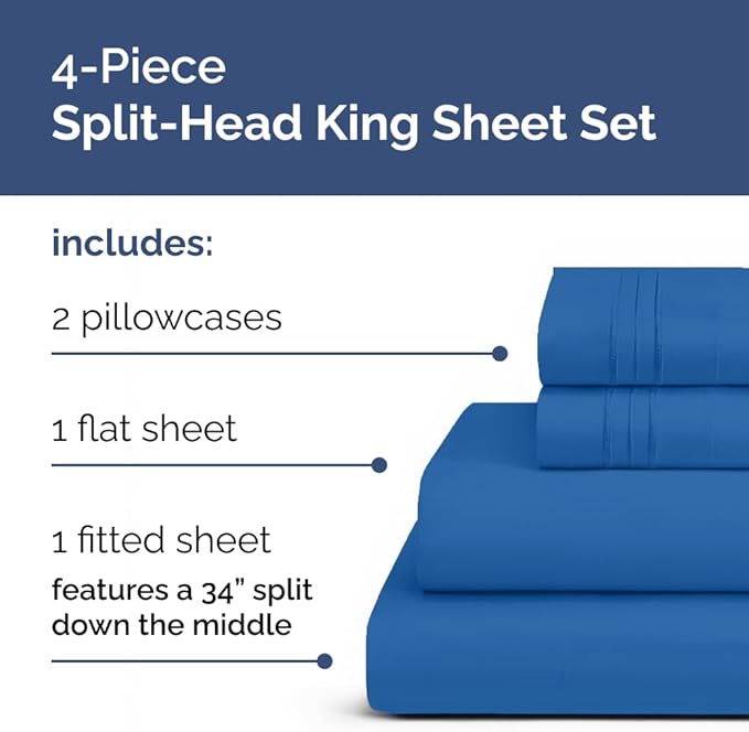 Split Head King Sheet Set – 4 Piece Flex Split Top King Sheets for Adjustable Beds - Fits 14” to 16" Mattress w/ Deep Pockets - Soft, Breathable & Cooling - Luxury Bedding & Wrinkle Free - Royal Blue