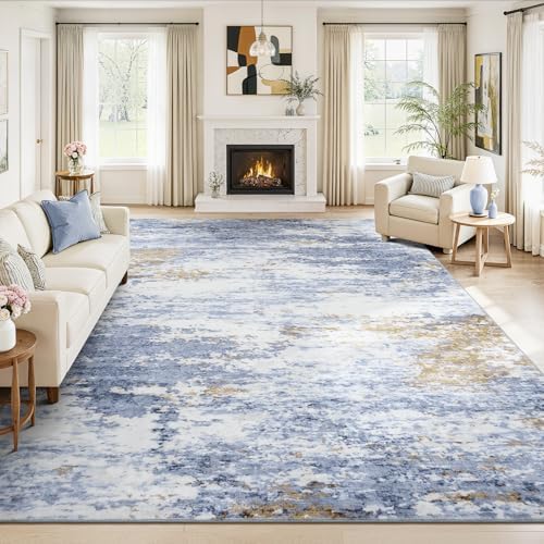 8x10 Area Rug for Living Room, Abstract Washable Large Rugs, Light Blue by Lofus