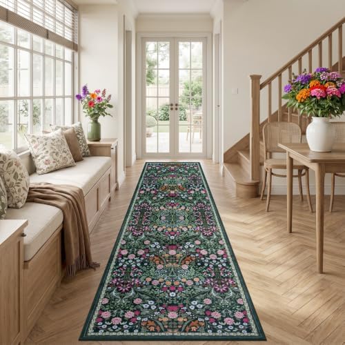 PLHXFR 2.6x14 Washable Runner Rug：Floral Indoor Kitchen Carpet Dark Green - Image 3