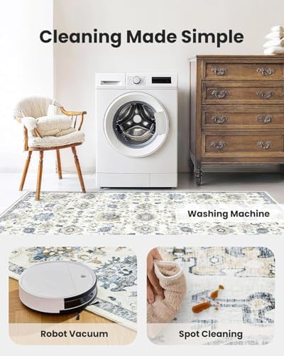 Amada 8x10 Washable Area Rug for Living Room, Blue/White, Vintage Pattern - Image 4