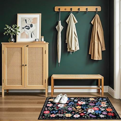 PLHXFR 2x3 Small Entryway Rug: Floral Washable Indoor Soft Carpet Black - Image 5