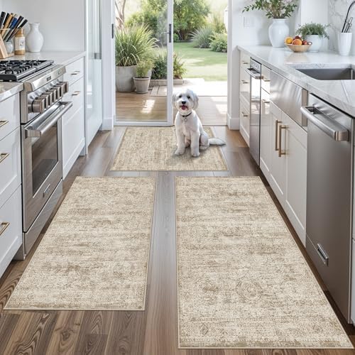 Kitchen Rugs Sets of 3,Washable Non-Slip Kitchen Mats for Hardwood Floor, Boho Farmhouse Kitchen Runner Rug for Sink,Entryway & Hallway & Bathroom (Beige Brown, 2x3+2x4+2x5) by BYYVOORugsforYourHome