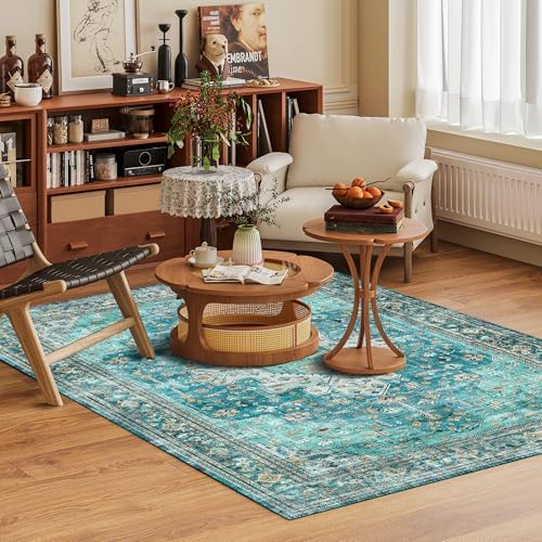 Washable Area Rug 4' x 6' Vintage Traditional Persian Mat - Foldable Distressed Non-Slip Machine Washable Carpet for Living Room Bedroom Kitchen Home Decor - Teal and Gold - Image 2