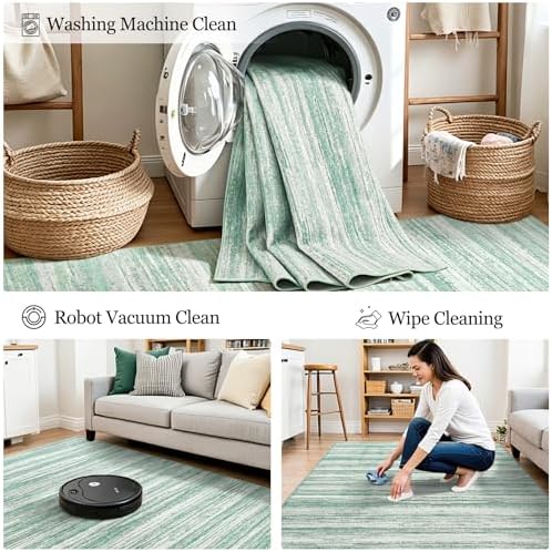 Chicrug 4x6 Green Washable Striped Abstract Area Rug Bedroom Living Room - Image 7