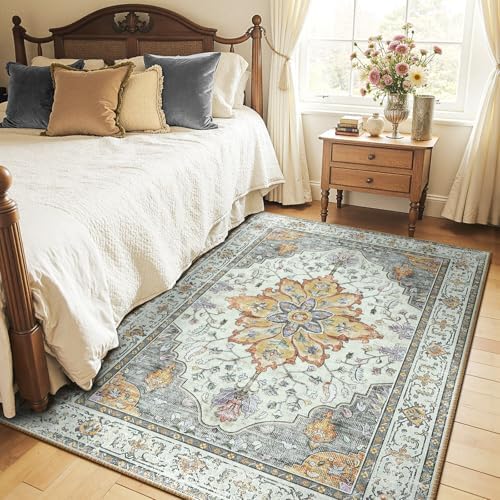 RELEANY Washable Area Rug, 4'x5', Beige/Carbon Grey/Orange - Image 2