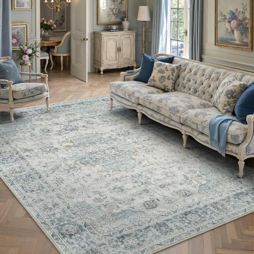 HUGEAR 5x7 Light Blue Retro Floral Washable Area Rug for Living Room by HUGEAR