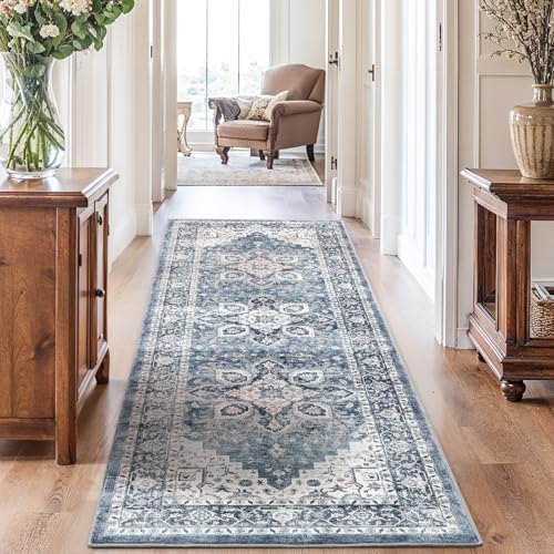 Amada 2'6" x 8' Washable Runner Rug for Hallway, Blue, Vintage Style - Image 6