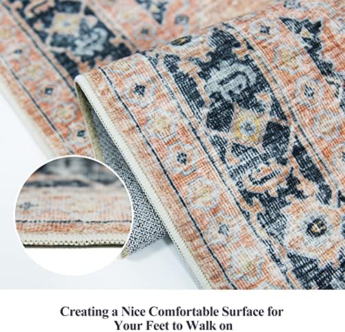 Hallway Washable Runner Rug - 2x10 Kitchen Rugs Entryway Rug Runner Vintage Soft Floor Mat Non Slip Indoor Farmhouse Carpet for Bathroom Living Room Bedroom (2 X 10, Orange) - Image 3