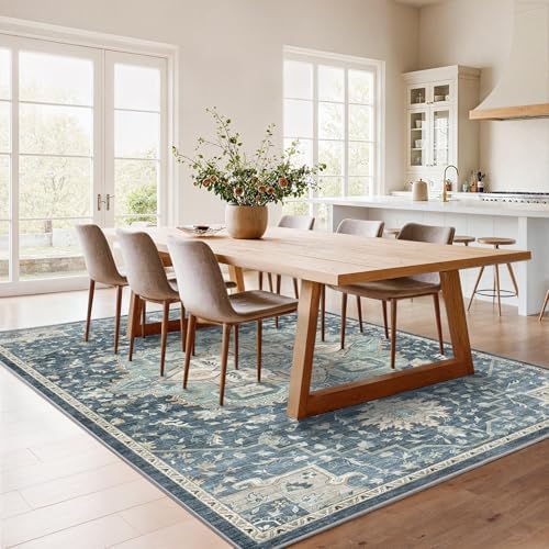 Amada 5x7 Washable Area Rug for Living Room, Blue/Yellow, Vintage Pattern - Image 3